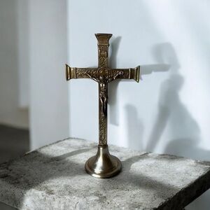 Antique Cast Brass Pedestal Altar standing Crucifix Cross 19 century